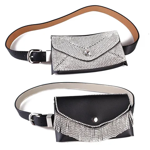 Women Elegant Bling Rhinestone Waist Bag Artificial Leather Belt Bag Set With Alloy Buckle Small Phone Purse Accessories