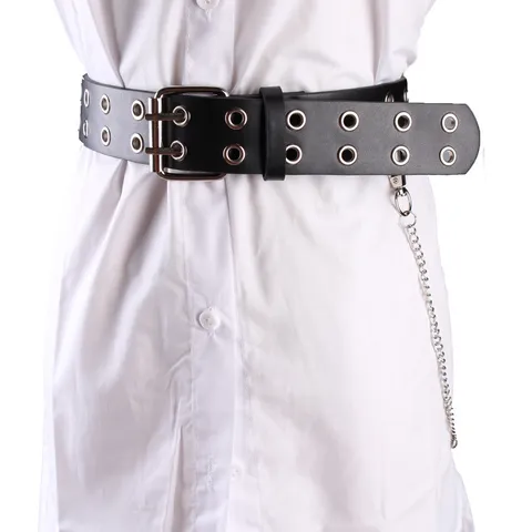 Women Black Punk Faux Leather Grommet Belt With Silver Chain Gothic Double Row Rivet Waist Belt For Jeans Dresses