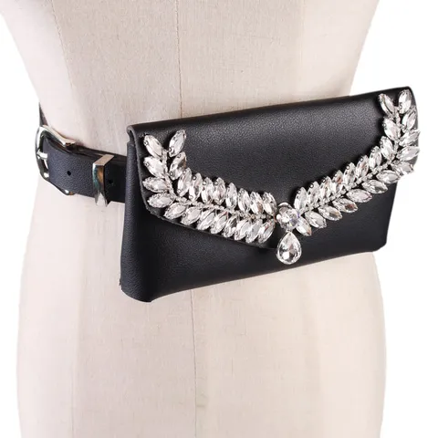 Women Elegant Bling Rhinestone Waist Bag Artificial Leather Belt Bag Set With Alloy Buckle Small Phone Purse Accessories