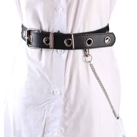 Women Black Punk Faux Leather Grommet Belt With Silver Chain Gothic Double Row Rivet Waist Belt For Jeans Dresses