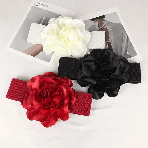 Women Elastic Wide Waist Belt With Large 3D Rose Flower Decorative Cinch Belt Elegant Fashion Waistband For Dress Wedding Party