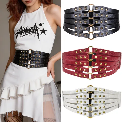 Women Vintage Hollow Rivet Elastic Wide Waist Seal Crocodile Pattern PU Leather Punk Belt Decorative Waistband For Dresses