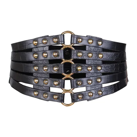 Women Vintage Hollow Rivet Elastic Wide Waist Seal Crocodile Pattern PU Leather Punk Belt Decorative Waistband For Dresses