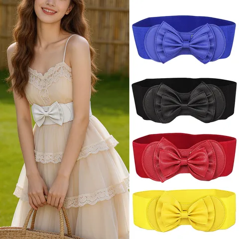 Women Elastic Wide Belt With Large Bowknot Decor Woven Fabric PU Leather Waist Cinch For Dress Stretchy Waistband Fashion Accessories