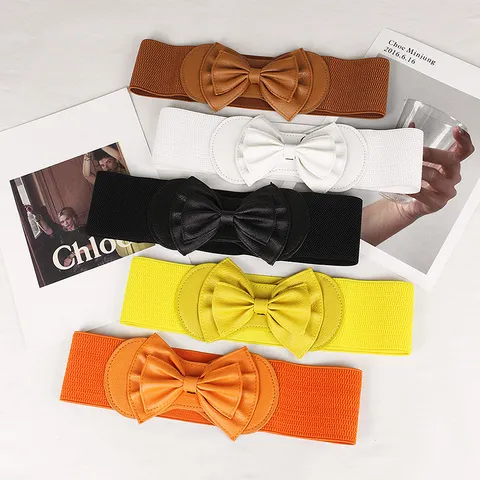 Women Elastic Wide Belt With Large Bowknot Decor Woven Fabric PU Leather Waist Cinch For Dress Stretchy Waistband Fashion Accessories