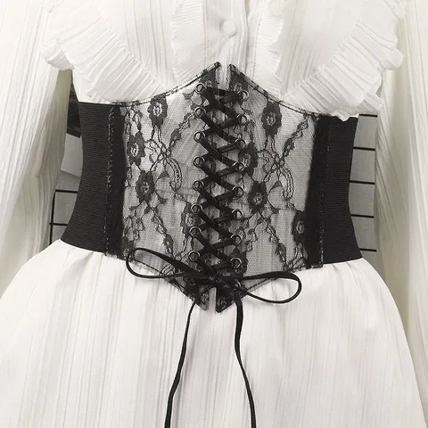 Women's Lolita Lace Corset Belt Ultra Wide Elastic Waist Cinchers With Lace-up Bow Decorative Waistband For Dresses