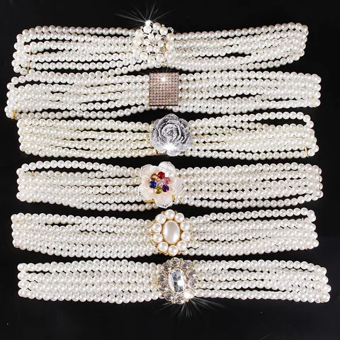 Vintage Eleganter Künstliche Perlen Gürtel Für Damen Luxus Strass Blumen Schnalle Vierreihige Perlen Taille Kette Korsett Gürtel