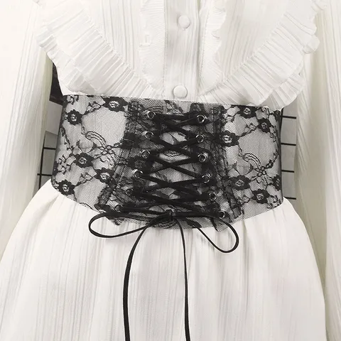 Women's Lolita Lace Corset Belt Ultra Wide Elastic Waist Cinchers With Lace-up Bow Decorative Waistband For Dresses