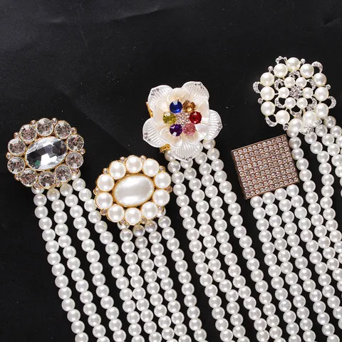 Vintage Eleganter Künstliche Perlen Gürtel Für Damen Luxus Strass Blumen Schnalle Vierreihige Perlen Taille Kette Korsett Gürtel