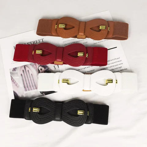 Women Fashion Wide Elastic Belt PU Leather Bowknot Waist Cinch For Dresses Coats Versatile Stretch Waistband Decorative Belt