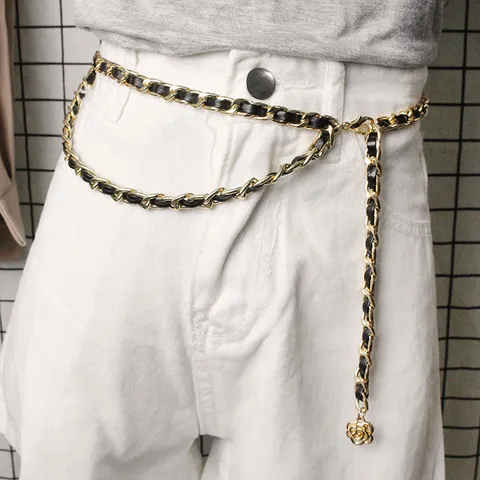 Layered Metal Chain Belt For Women Camellia Pendant Woven Leather Waist Chain For Dresses Elegant Fashion Waist Link Belt