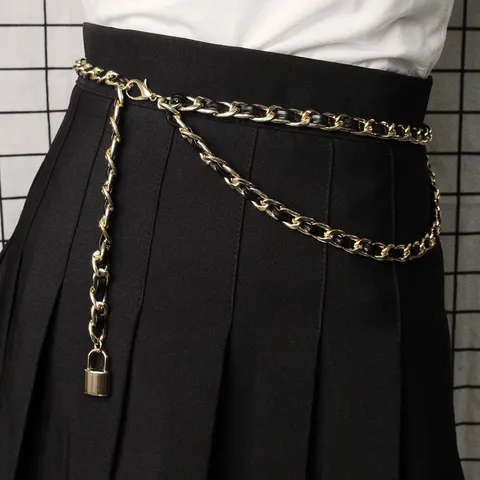 Women's Elegant Double Layer Metal Chain Belt With PU Leather Interwoven Strap And Lock Pendant Fashion Waist Chain Accessory