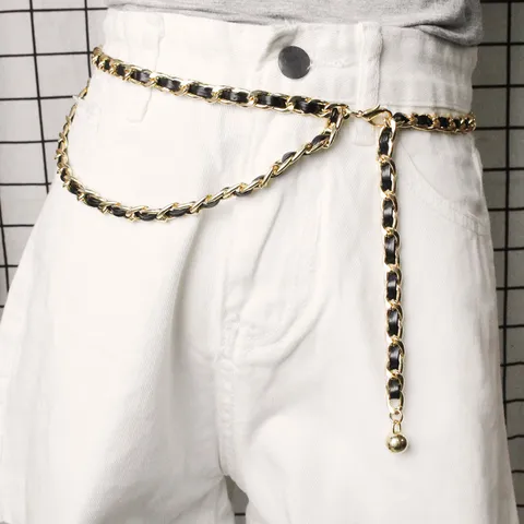 Women Vintage Double Layer Iron Metal Chain Waist Belt Woven Artificial Leather Decorative Waist Chain With Ball Pendant