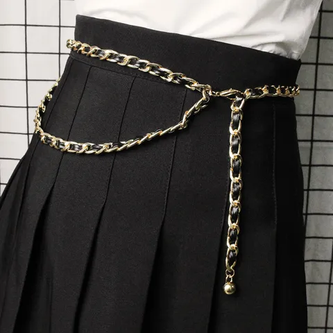 Women Vintage Double Layer Iron Metal Chain Waist Belt Woven Artificial Leather Decorative Waist Chain With Ball Pendant