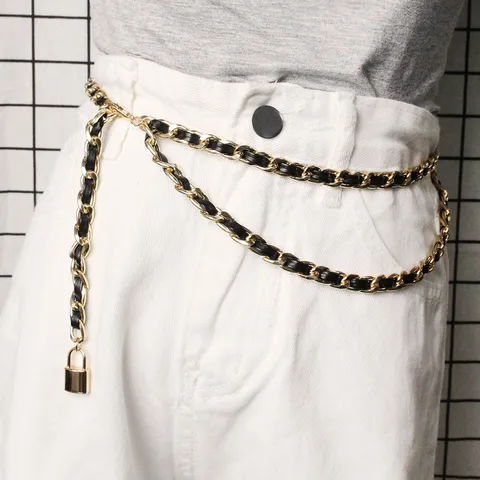 Women's Elegant Double Layer Metal Chain Belt With PU Leather Interwoven Strap And Lock Pendant Fashion Waist Chain Accessory
