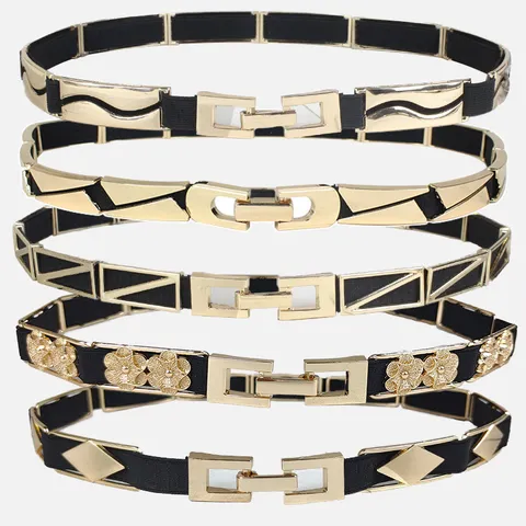 Women Vintage Elastic Thin Waist Belt Gold Metal Buckle Geometric Cinch Belt For Dresses Sweater Fashion Waistband