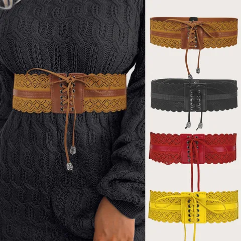 Women Fashion Elastic Wide Waistband Laser Cutout Scalloped Edge Corset Belt Lace-up PU Leather Waist Cincher Accessory