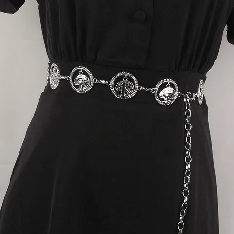 Cintura a Catena in Metallo con Funghi Goffrati Vintage per Donna Cintura a Maglie in Lega Regolabile Bohémien per Abiti Jeans Oro Argento
