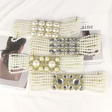 Women Artificial Pearl Elastic Waist Belt Rhinestone Decoration Wide Corset Belt Korean Sweet Elegant Waistband For Dress