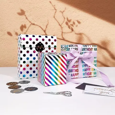 Mehrfarbiges Regenbogen Bronze Geschenkverpackungspapier Großes Kunstdruckpapier Holographische Laser Verpackung Für Valentinstag Geburtstag Party Sterne Herzen Punkte Streifen Muster
