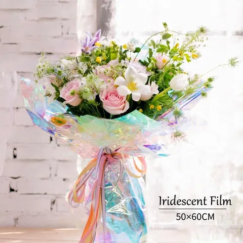Irillerende Holografische Bloemenverpackingsfolie Transparante Regenboog Laserpapier Voor Boeket DIY Geschenkdecoratie Waterdichte Vellen