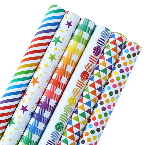 Papier Cadeau Géométrique Arc-en-Ciel Rayures Étoiles Pois Vichy Triangles Papier Cadeau DIY Pour Anniversaire Saint-Valentin Mariage