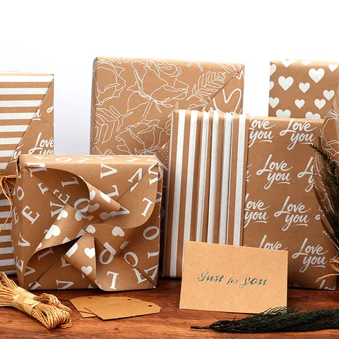 Dubbelzijdig Kraft Cadeaupapier Rol Wit Hart Bloemenpatroon Love You Inpakpapier Voor Valentijnsdag Cadeau