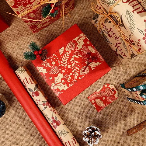 Christmas Kraft Gift Wrapping Paper Roll Retro Red Cardinal Pinecone Pattern Printed Paper For Holiday Present Decoration
