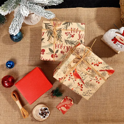 Christmas Kraft Gift Wrapping Paper Roll Retro Red Cardinal Pinecone Pattern Printed Paper For Holiday Present Decoration