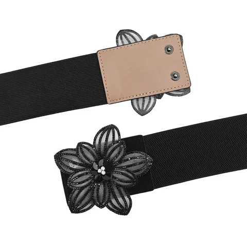 Women Elastic Waist Belt Rhinestone Flower Buckle Corset Stretchy Cinch Belt For Dresses Coats Fashion Accessories