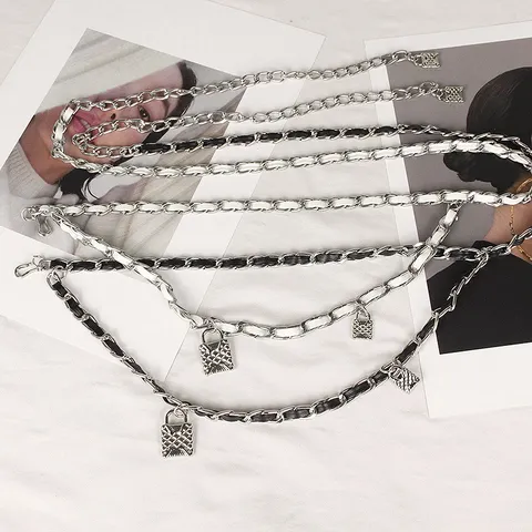 Women Fashion Multi-Layer Waist Chain Belt Woven Metal Chain Lock Pendant Decoration Thin Waist Belt For Dresses Accessories