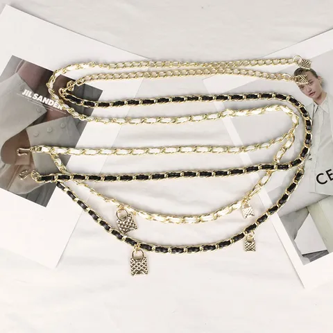 Women Fashion Multi-Layer Waist Chain Belt Woven Metal Chain Lock Pendant Decoration Thin Waist Belt For Dresses Accessories