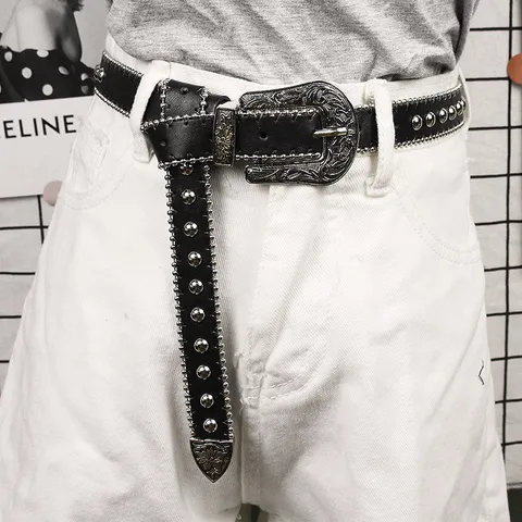 Women's Western Punk Rivet Faux Leather Belt Vintage Western Carved Metal Buckle Star Studded Thin Waist Belt For Jeans Casual Decorative Waistband