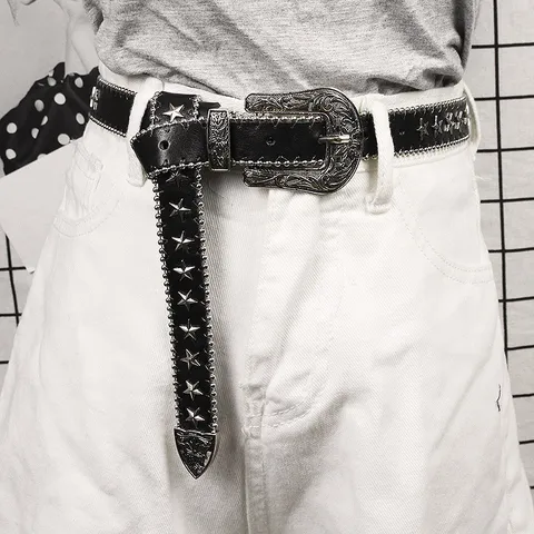 Women's Western Punk Rivet Faux Leather Belt Vintage Western Carved Metal Buckle Star Studded Thin Waist Belt For Jeans Casual Decorative Waistband
