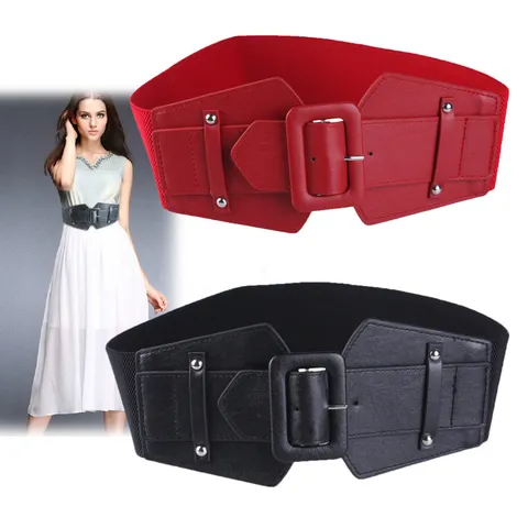 Women Fashion Ultra Wide Elastic Waist Belt PU Leather Corset Waist Cincher With Large Square Buckle Rivet Decor Cinch Belt