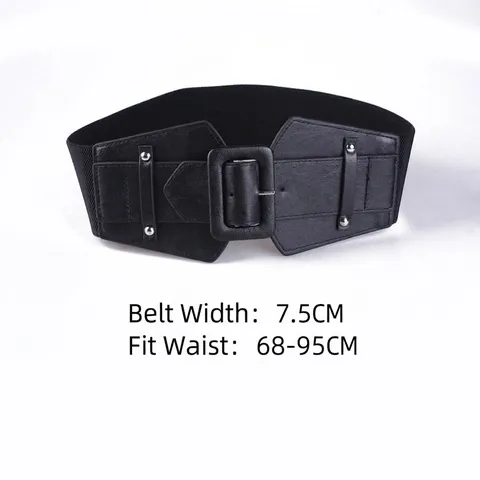 Women Fashion Ultra Wide Elastic Waist Belt PU Leather Corset Waist Cincher With Large Square Buckle Rivet Decor Cinch Belt