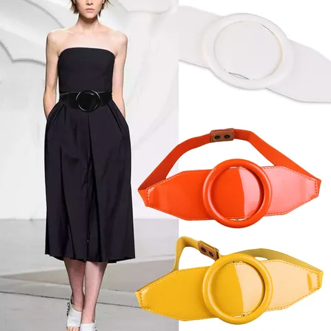 Women Patent Leather Elastic Waist Belt Fashion Candy Color Waist Cincher With Round Buckle For Dress Accessories