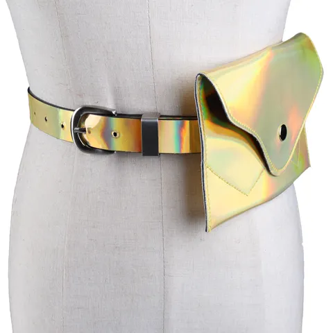 Women Holographic Laser Waist Bag Belt Faux Leather Mini Square Fanny Pack Fashion Adjustable Belt Bag for Party Travel
