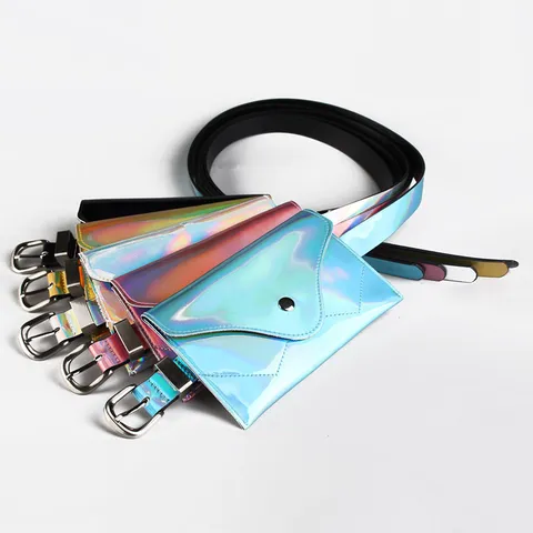 Women Holographic Laser Waist Bag Belt Faux Leather Mini Square Fanny Pack Fashion Adjustable Belt Bag for Party Travel