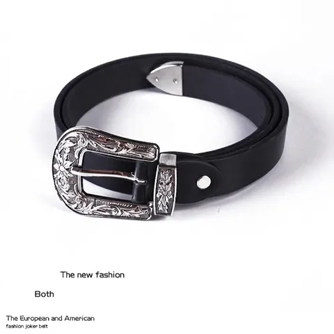 Vintage Western Double Buckle Belt For Women Retro Carved Flower Pattern PU Leather Decorative Waistband Bohemian Fashion Belt