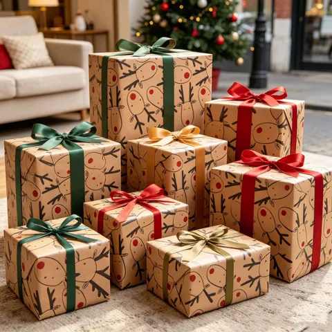 Vintage Christmas Wrapping Paper Kraft Paper Reindeer Snowflake Tree Pattern Gift Packaging Paper For Festive DIY Decoration