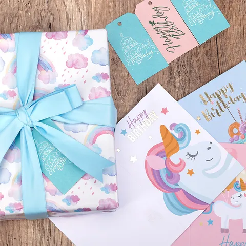 Aquarell Geburtstag Geschenkpapier Rollen Regenbogen Herz Schleife Muster Bilderdruckpapier Für Geburtstagsfeier Geschenkverpackung