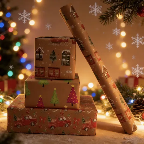 Retro Kraftpapier Weihnachts-Geschenkpapierrolle Mit Weihnachtsbaum Rotem Truck Für Feiertags-Party-Geschenk-Dekoration