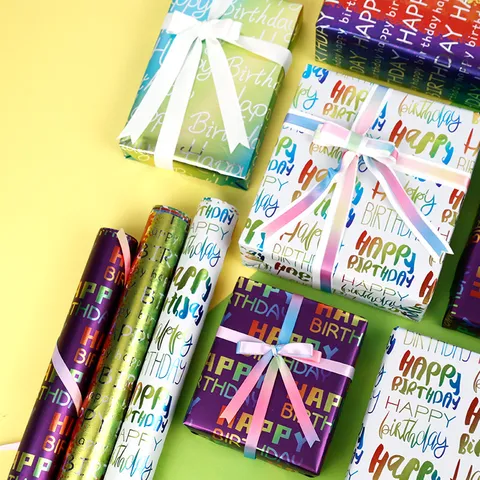 Große Geburtstag Geschenkpapier Rolle Aluminisiert Bunt Luxus Typografie Muster Geschenkpapier Für Geburtstage Party Bedarf