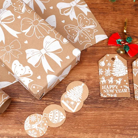 Weihnachten Retro Kraftpapier Rolle Weißer Druck Schneeflocke Rentier Muster Für DIY Geschenkverpackung Festliche Dekoration Zubehör