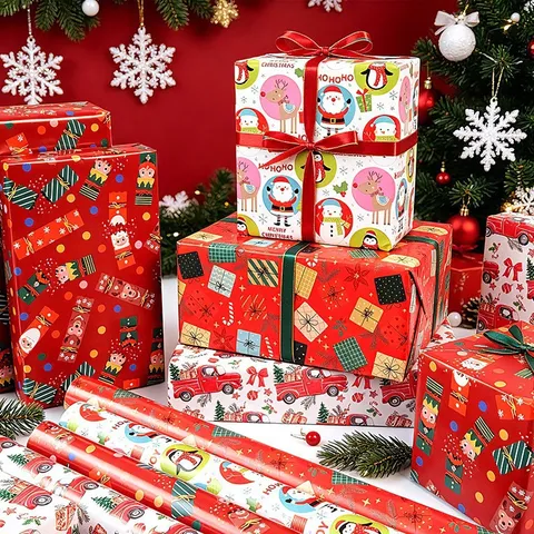 Rollo de Papel de Regalo de Navidad Papel Couché Grande Papá Noel Reno Camión Rojo Diseño Navidad DIY Papel de Artesanía Envoltorio Decorativo