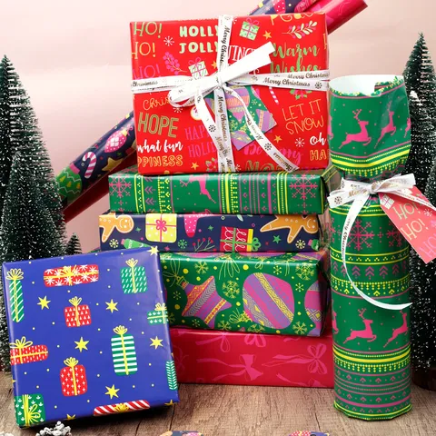 Fluoreszierendes Weihnachtsgeschenkpapier Rolle Süßer Cartoon Rentier Lebkuchenmann Bedrucktes Festliches Feiertagsparty Geschenkpapier