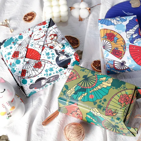Geschenkpapier Im Chinesischen Stil Vintage Fächer Glückskatze Muster DIY Geschenkpapier Beschichtetes Papier Blumen Geschenkpapier Für Party