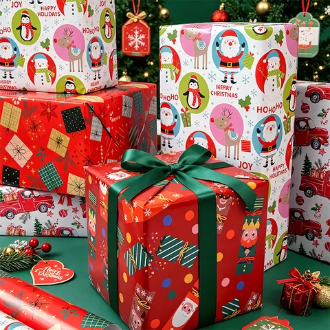 Rollo de Papel de Regalo de Navidad Papel Couché Grande Papá Noel Reno Camión Rojo Diseño Navidad DIY Papel de Artesanía Envoltorio Decorativo