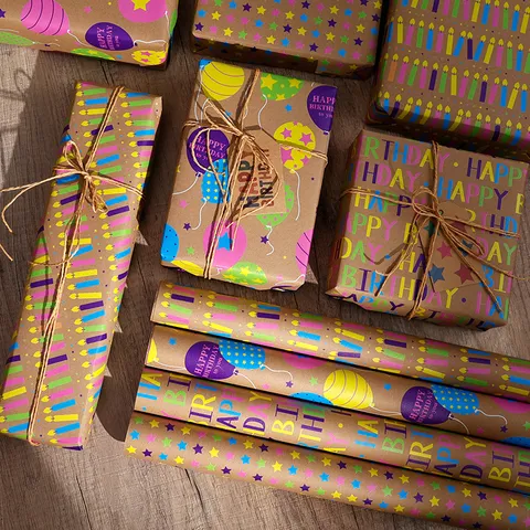 Fluorescent Birthday Gift Wrapping Paper Roll Star Balloon Candle Design Eco Friendly Kraft Paper For Party